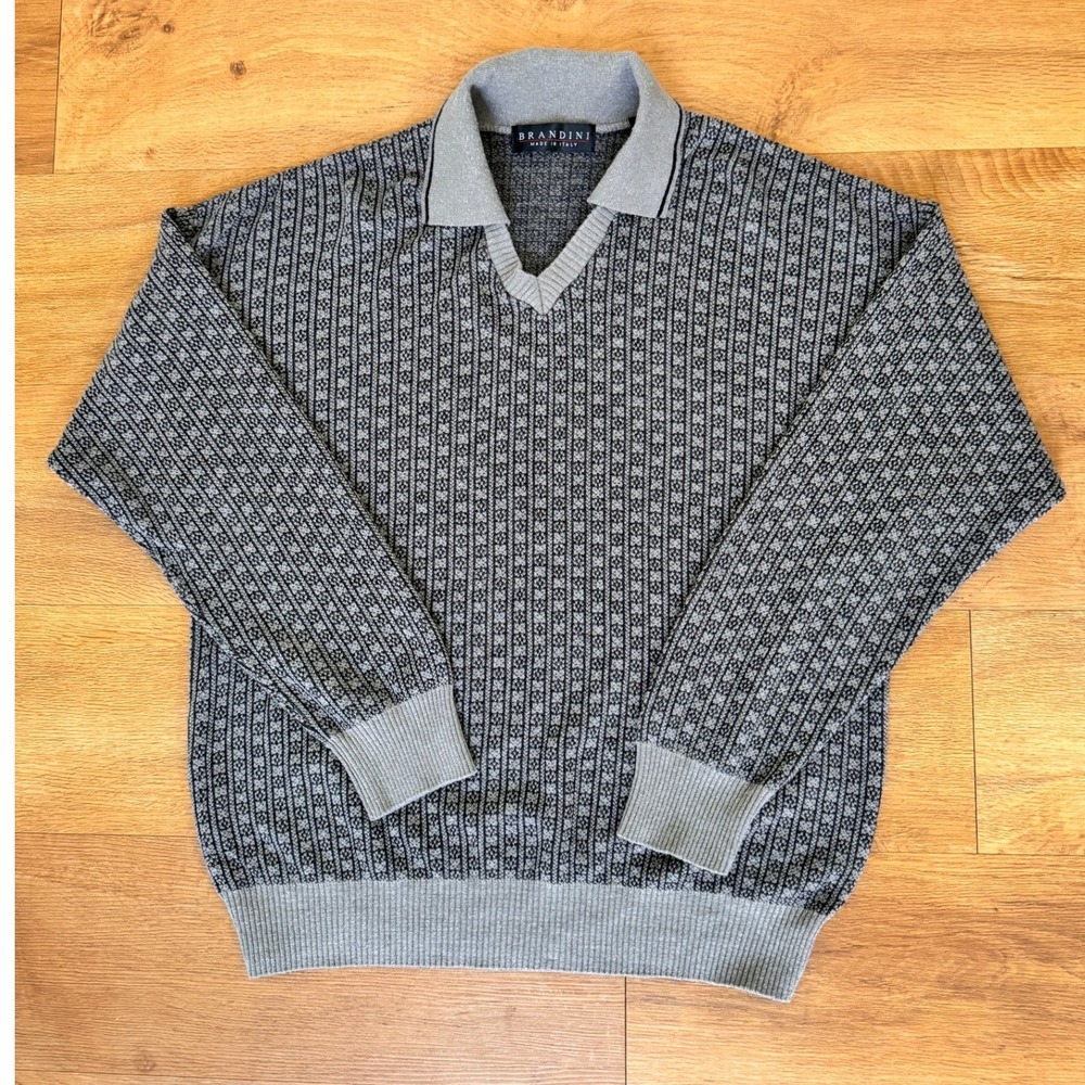 Brandini Made In Italy Knit Polo Sweater Mens Sz L Gray Patterned Coogi Style